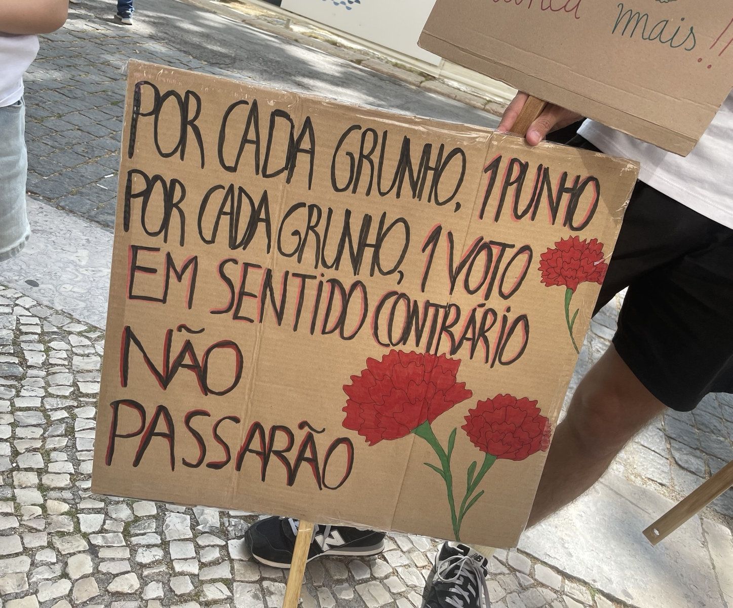 Um cartaz tem cravos desenhados e a frase "Por cada grunho, 1 punho, por cada grunho 1 voto em sentido contrário. Não passarão"